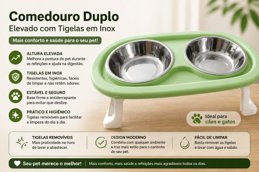 Comedouro Duplo Elevado com Tigelas em Inox
