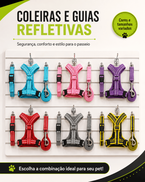 Conjunto refletivo coleira, peitoral e guia