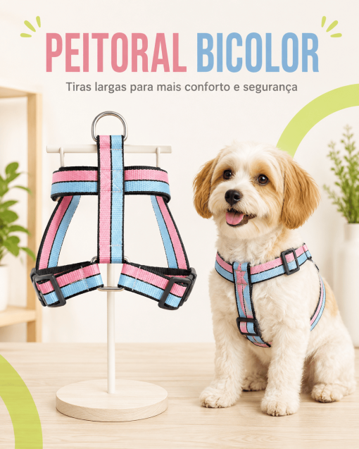 Peitoral bicolor azul e rosa com tiras largas
