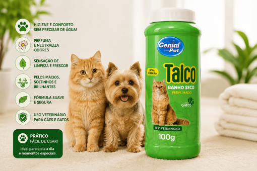 Talco Banho Seco Perfumado Genial Pet para Gatos – 100 g